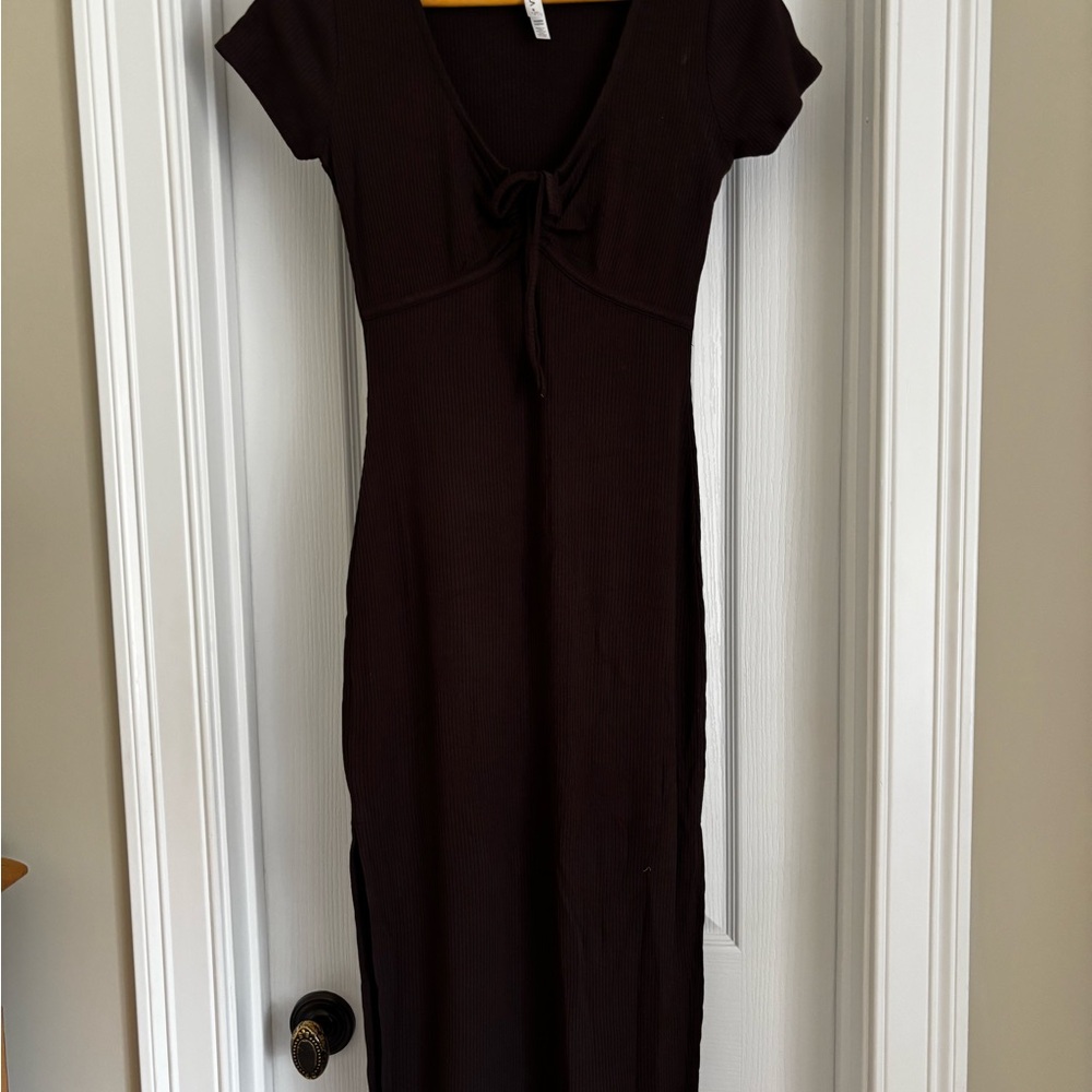 RVCA Chocolate Brown Ribbed Tie-Front Midi Dress